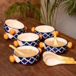 The 7 Dekor Ceramic Multi Color Hand Painted Jumbo Soup Bowl with Round Handles & Spoon -(Set of 6)