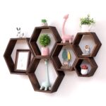 WONFUlity Hexagon Floating Shelves Set of 6 Wall Mounted Wood Farmhouse Storage Honeycomb Wall Shelf , Hexagonal Decor Wall Shelves for Bedroom, Living Room, Office, Screws Anchors Included Walnut