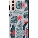 Grey Retro Floral Leaf Glass Case for Samsung Galaxy S21