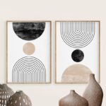 Mid Century Modern Wall Art Print Set of 2, Neutral Abstract Geometric Digital download Prints, Black White Beige Minimal Gallery Art