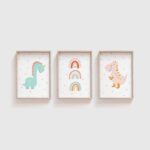 Dinosaur Nursery Prints, Pink Dinosaur Art Prints, Girl Dinosaur Bedroom Wall Art, Rainbow Wall Art, Digital Download