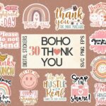 30 Boho thank you stickers SVG PNG bundle, Thank you stickers for small businesses, Hand lettered sticker, Packaging Label digital download